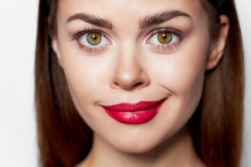 Portrait of woman red lips smile face close-up 