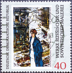 GERMANY, DDR - CIRCA 1969: a postage stamp from Germany, GDR showing spring is coming again by Leonid Wassiljewitsch Kabatschek. Text: Russian and Soviet painting