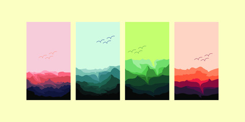 sunset in the mountains, banner of mountain sunset, mountain tourism banner set, mountain illustration vector with bird, colorful banner good for mountain tourism, wallpaper banner