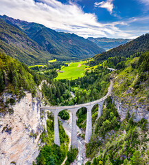 Aerial view of the Landwasser Viaduct in the Swiss Alps