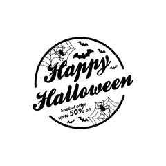 Happy Halloween vector lettering. Holiday calligraphy with spider and web for banner, poster, greeting card, party invitation. Isolated illustration.