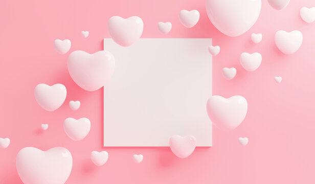 White heart with blank frame on pink background with copy space 3d render