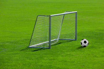 Fussballtor mit Ball auf einem Fussballrasen © by-studio