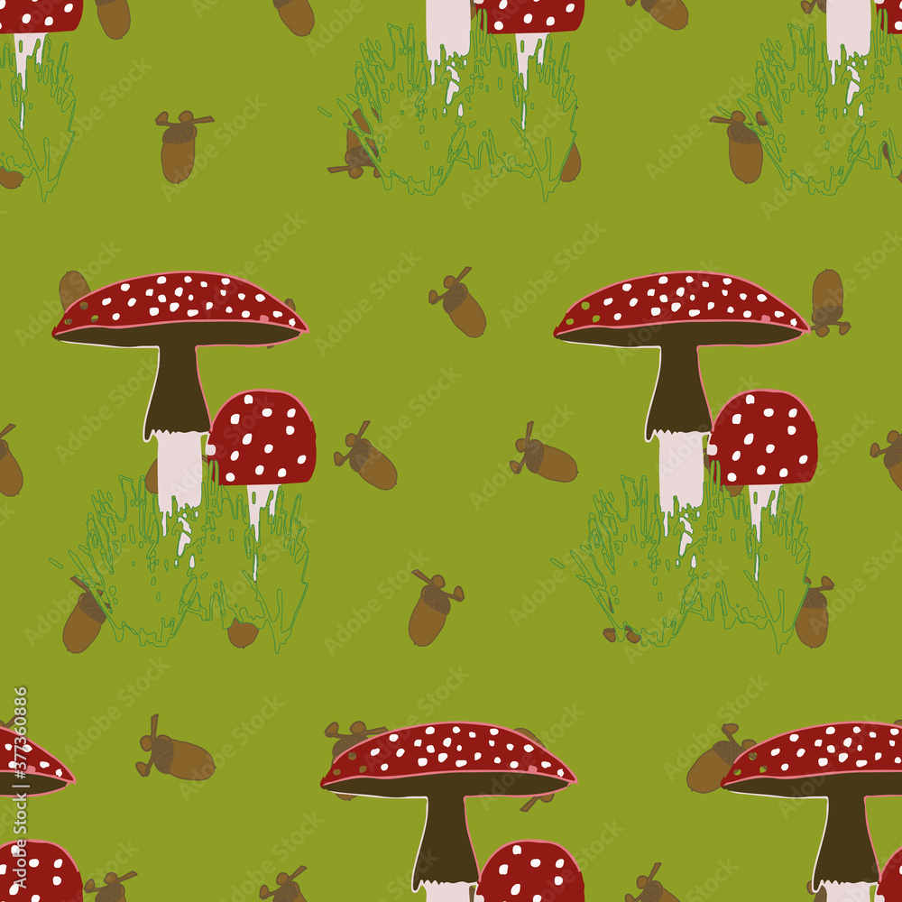 Poster autumn red with white dots mushroom repeat pattern print