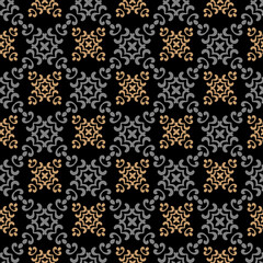 Decorative background, seamless damask pattern. Gold, grey and black colors. Wallpaper texture. Vector graphics