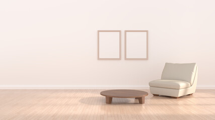 Empty posters frames mock up in beige interior, illuminated by light from the window