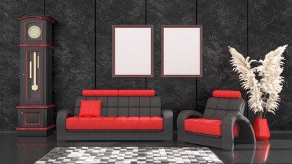 black interior with modern black and red sofa and frames for mockup