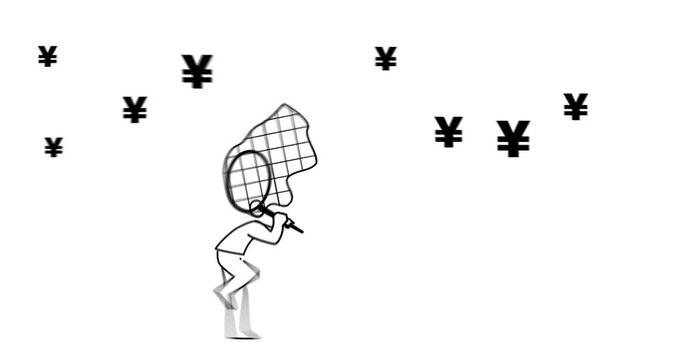 Animation of man catching flying yuan symbol with butterfly net
