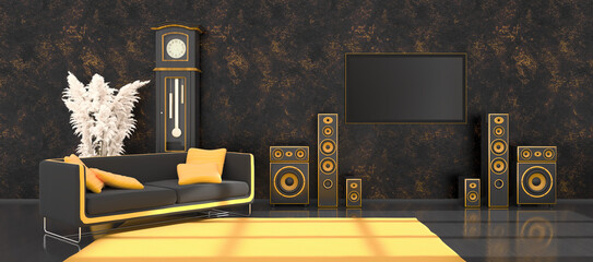 black interior with modern design black and yellow speaker system, antique clock and TV