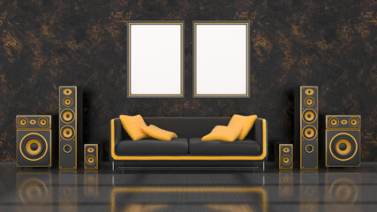 black interior with modern design black and yellow speaker system, sofa and frame for mockup