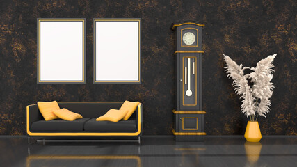 black interior with modern black and yellow sofa, clock and frames for mockup