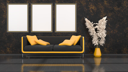 black interior with modern black and yellow sofa and frames for mockup