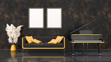 black interior with black and yellow grand piano, sofa and frame for mockup