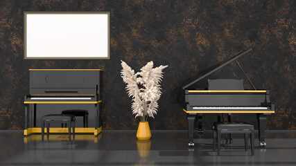 black interior with black and yellow piano, grand piano and frame for mockup