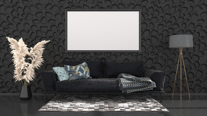 black interior with black sofa and frames for mockup