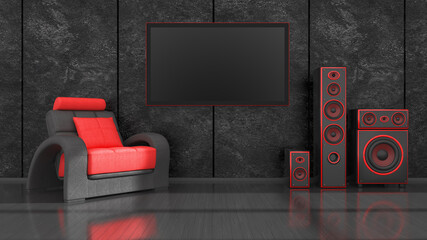 black interior with modern design black and red speaker system and TV