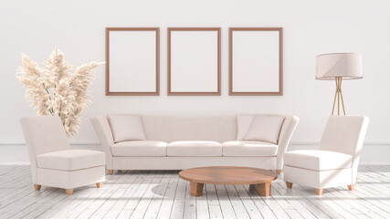 Empty posters frames mock up in beige interior, illuminated by light from the window