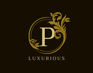 Luxury P Letter Floral Design. Circle Royal P Vintage Logo Icon.