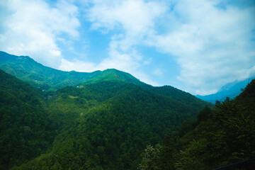 Mountains from the window of a tourist bus, travel through the European mountains in Montenegro