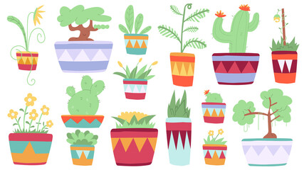 Drawing of various decorative fresh plants flower in pots