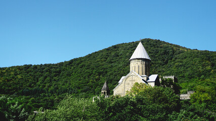 Fototapeta na wymiar Ananuri church and castle complex panorama in Georgia at summer
