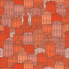 Decorative seamless pattern with old buildings in red and orange colors. European town with cartoon houses. Vector cityscape background in retro style, suitable for wallpaper, wrapping paper, fabric