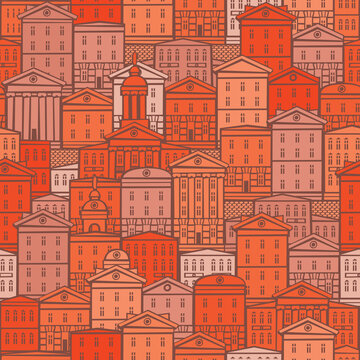 Decorative seamless pattern with old buildings in red and orange colors. European town with cartoon houses. Vector cityscape background in retro style, suitable for wallpaper, wrapping paper, fabric © paseven