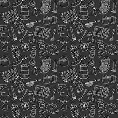Seamless pattern with elements of kitchen utensils, utensils and appliances. Black-white background for menu design,brochures, web pages.Doodle illustration is hand drawn and isolated on dark.Vector
