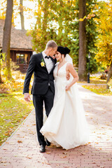 Amazing newlyweds walking in the autumn park.