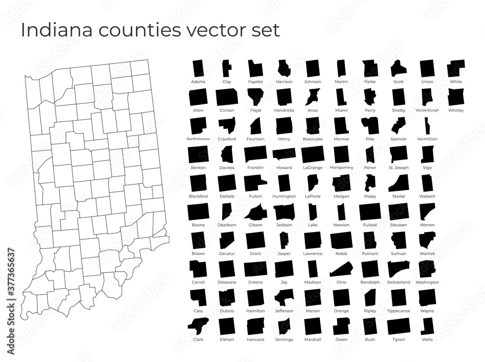 Poster indiana map with shapes of regions. blank vector map of the us state with counties. borders of the u