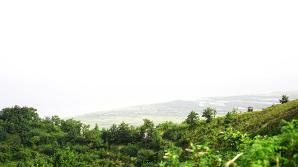 Naklejka premium Green glade in a mountain valley at sunny day