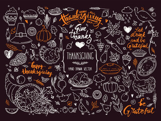 Thanksgiving traditional symbols. Hand drawn illustrations, handwritten lettering. Vector collection for congratulation card, invitation, poster. Pumpkin pie, turkey, corn, cornucopia clipart.