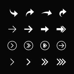 Arrow icon collection. Arrow vector set design. Arrows isolated on black background.