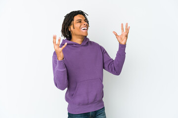 Young african american rasta man joyful laughing a lot. Happiness concept.
