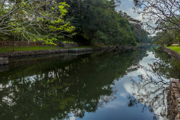Fototapeta na wymiar Reflections in the moat around the rock fortress of Sigiriya, Sri Lanka