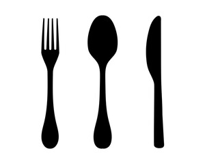 Fork, knife and a spoon. Black silhouette isolated on a white background. Dining setting. Menu icon.