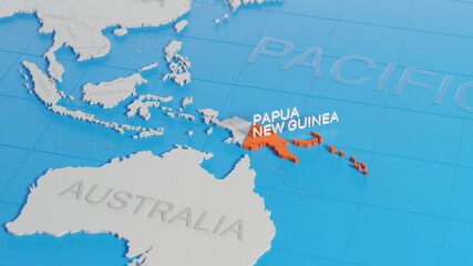 Papua New Guinea highlighted on a white simplified 3D world map. Digital 3D render. - obrazy, fototapety, plakaty