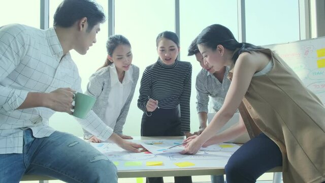 Uhd4k Group of asian young creative happy people entrepreneur on a business meeting office background Good leadership and teamwork lead to success handheld shot