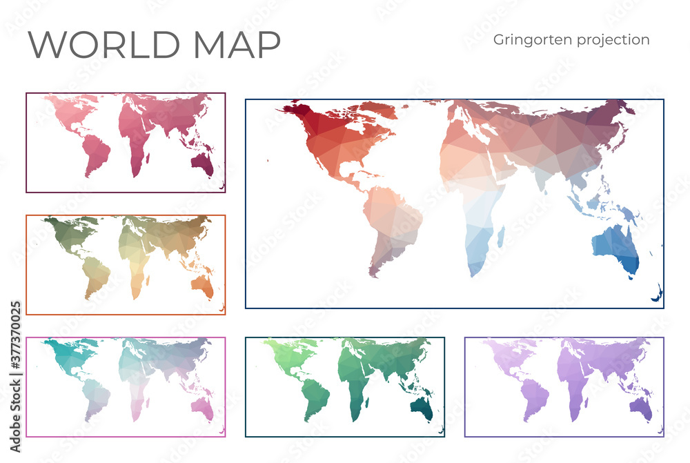 Poster low poly world map set. gringorten square equal-area projection. collection of the world maps in geo