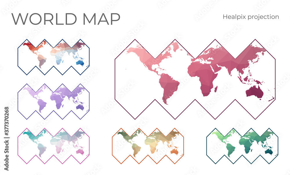 Poster low poly world map set. healpix projection. collection of the world maps in geometric style. vector 