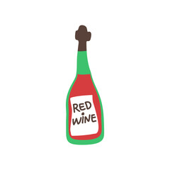 Red wine bottle on white background. Cartoon sketch graphic design. Doodle style. Hand drawn image. Party drinks concept. Freehand drawing style