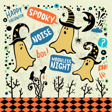 Happy Halloween. Vector set with ghosts and other traditional symbols.