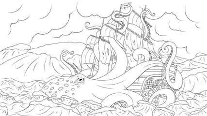 Fototapeta na wymiar Large octopus kraken attacks the ship.