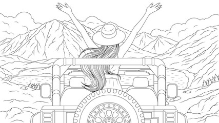 Vector illustration, Girl travels by car in the mountains © Andrey1005