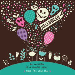 Fototapeta premium Happy Halloween. Festive poster with monsters, balloons and confetti.