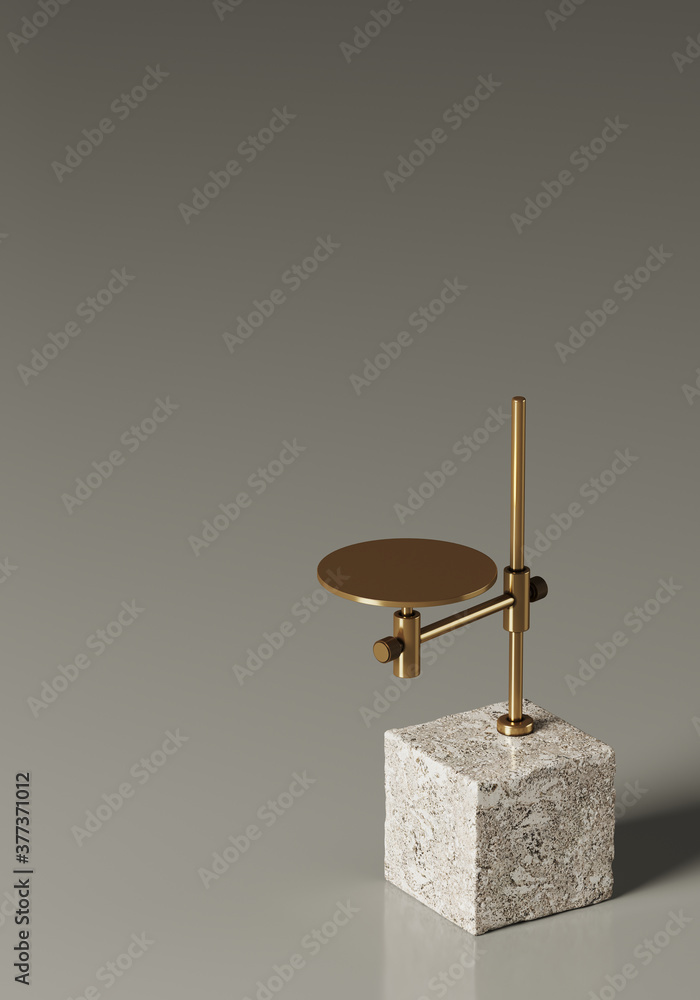 Poster cosmetic background for product presentation. white stone podium with brass stand tray on grey backg