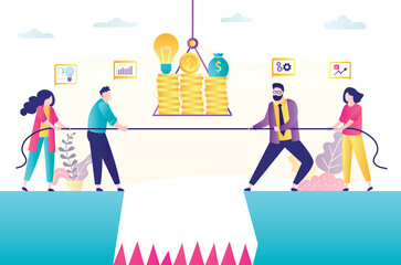 Business challenge concept banner. Two groups of business people pull rope. Fight for prize and money. Teamwork office conflict. Team building