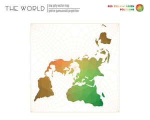 Low poly world map. Peirce quincuncial projection of the world. Red Yellow Green colored polygons. Neat vector illustration.