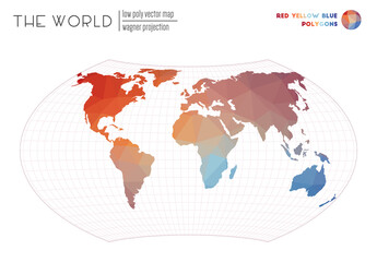 World map in polygonal style. Wagner projection of the world. Red Yellow Blue colored polygons. Contemporary vector illustration.