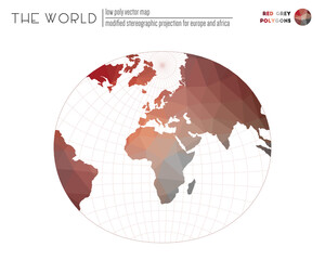 Low poly world map. Modified stereographic projection for Europe and Africa of the world. Red Grey colored polygons. Elegant vector illustration.